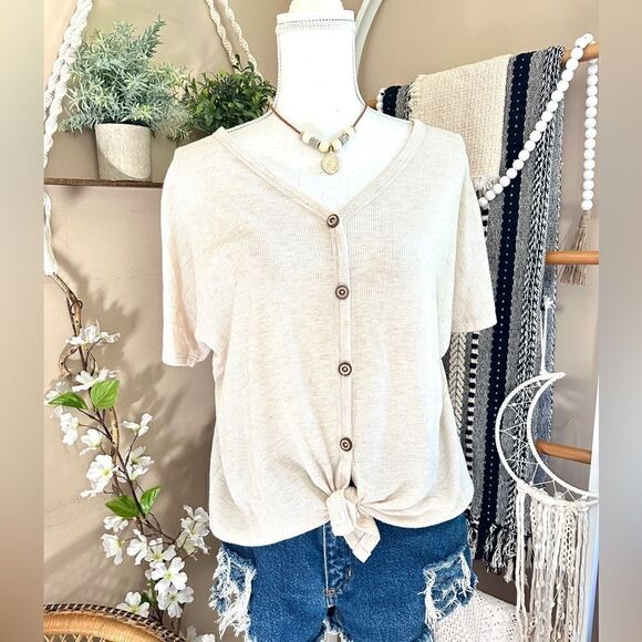 7th Ray Neutral Waffle Knit Front Tie Button Down Oversized Top - Picture 1 of 7